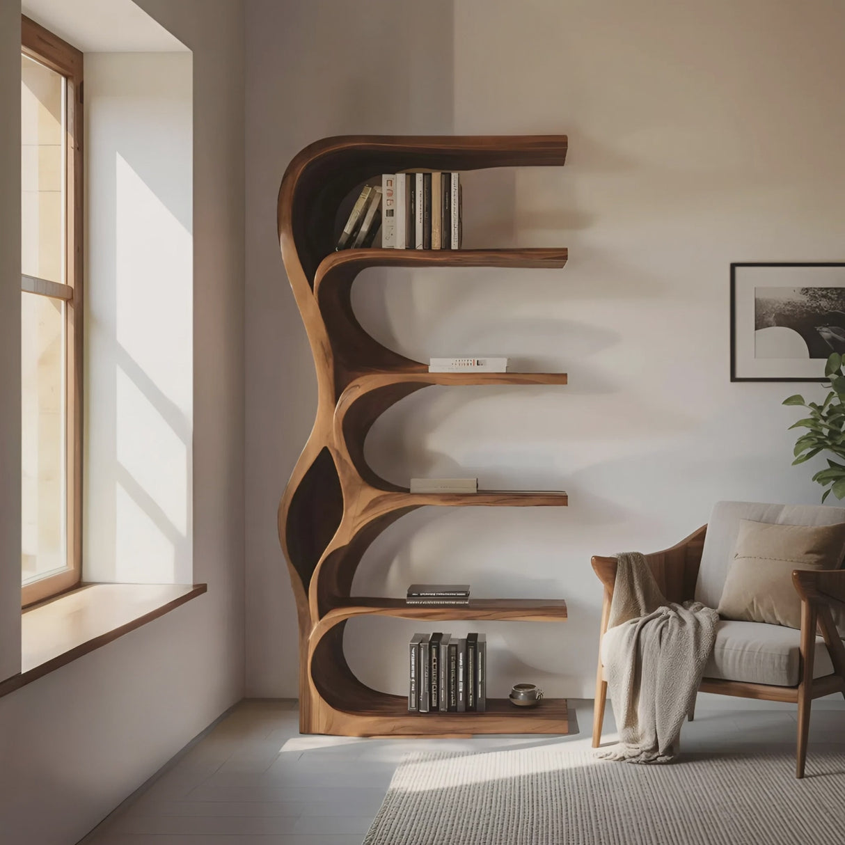 Organic Bookshelf With Curved Open Shelving For Bedroom Decor