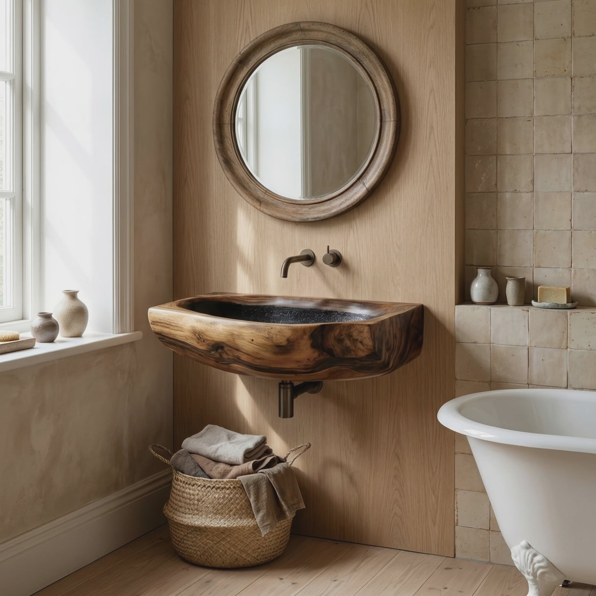 Modern Wall Mounted Wooden Bathroom Sink For Elegant Bathroom Interior