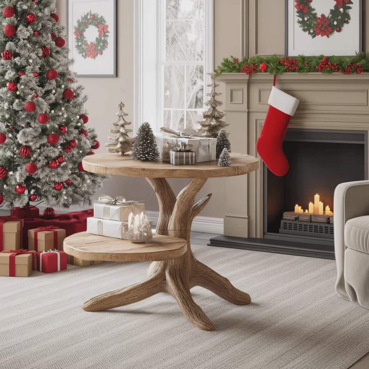 Handcrafted Wooden End Table For Living Room Christmas Accent Piece