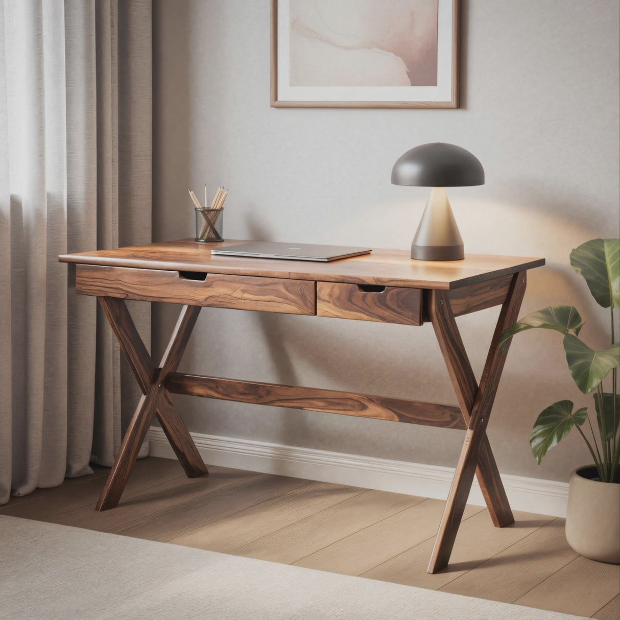 Scandinavian Wooden Desk with X Shaped Legs For Home Office Or Study