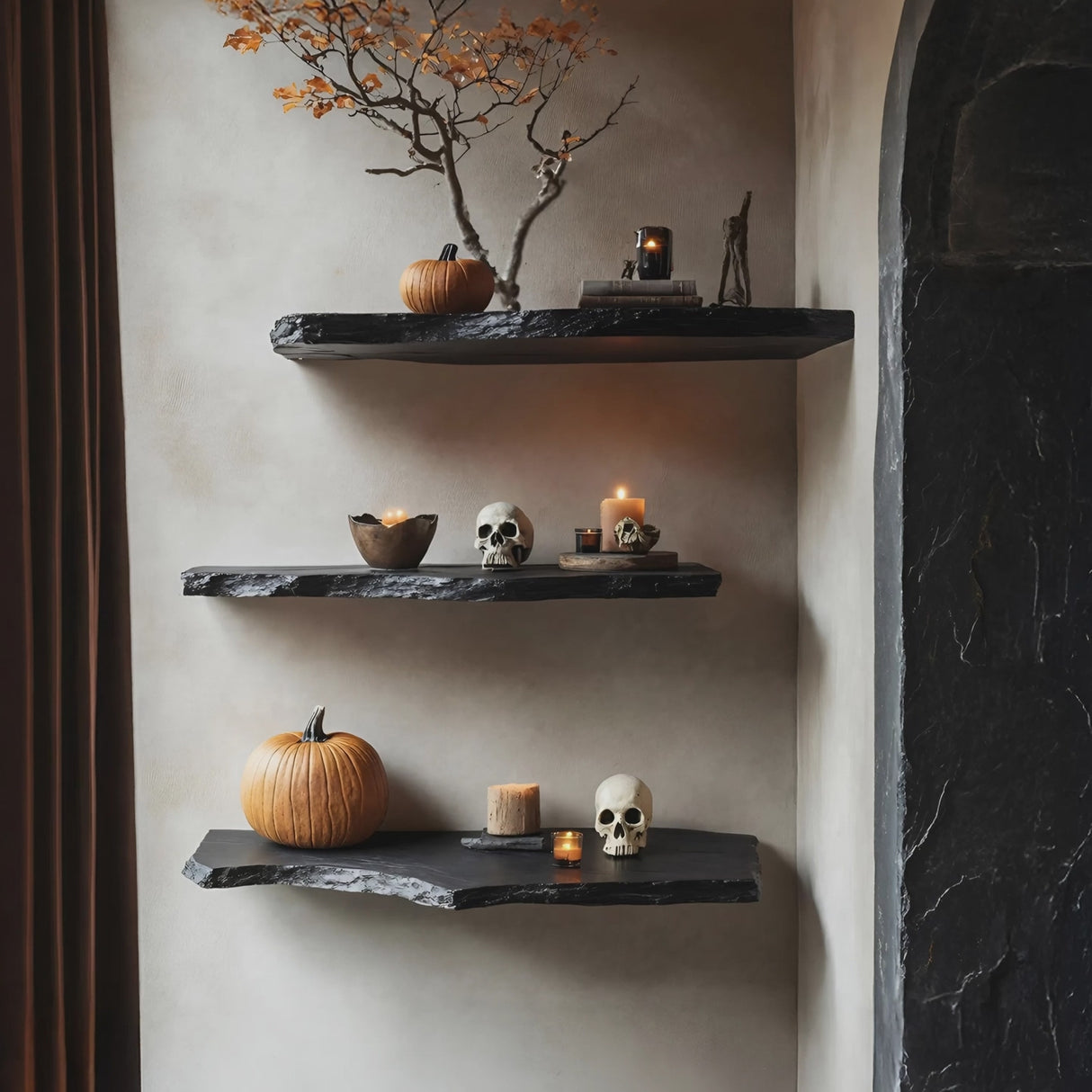 Farmhouse Wooden Floating Shelf For Entryway Design With Halloween Storage