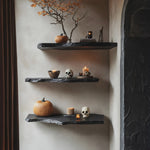 Farmhouse Wooden Floating Shelf For Entryway Design With Halloween Storage