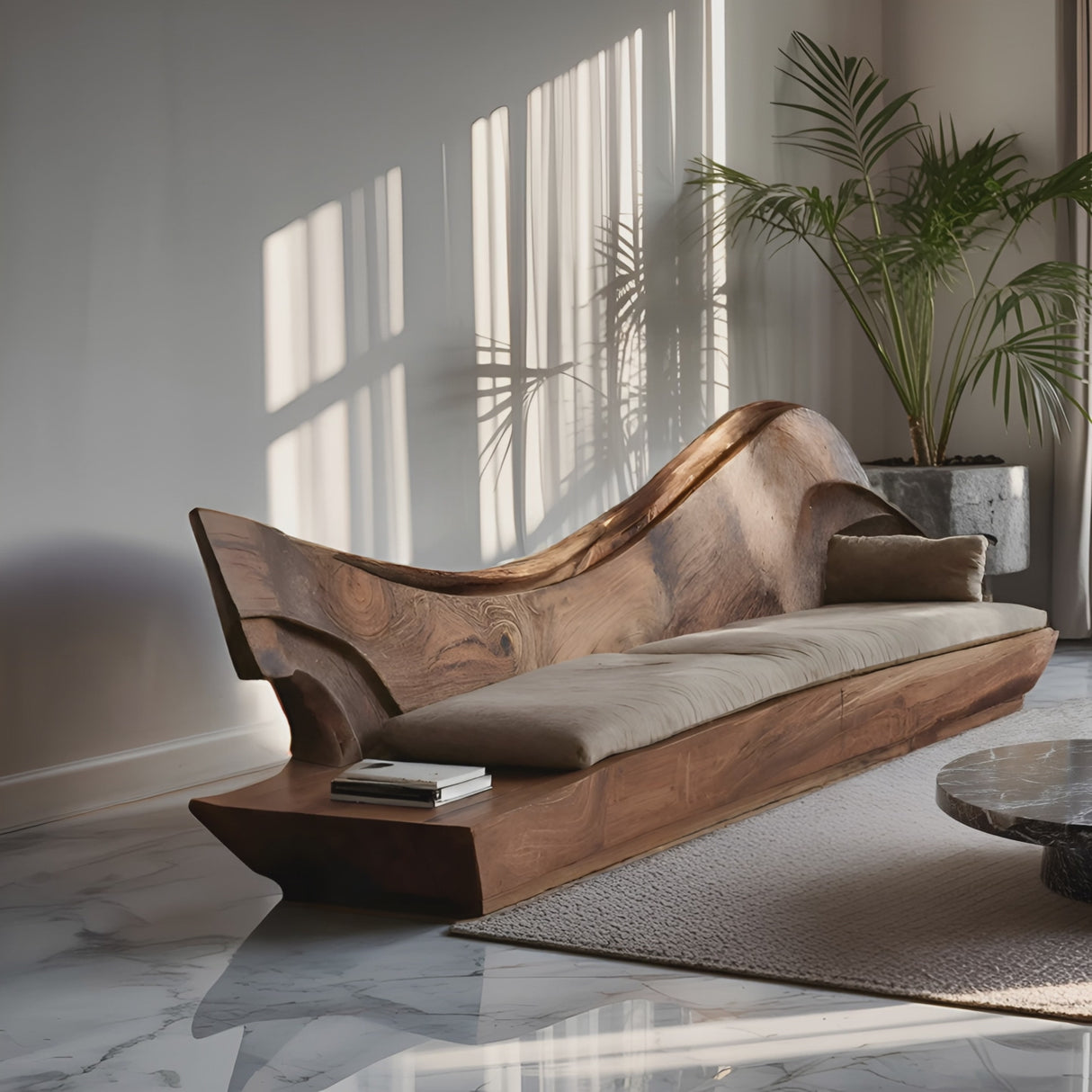 Sculptural Natural Wood Sofa With Organic Curved For Living Room