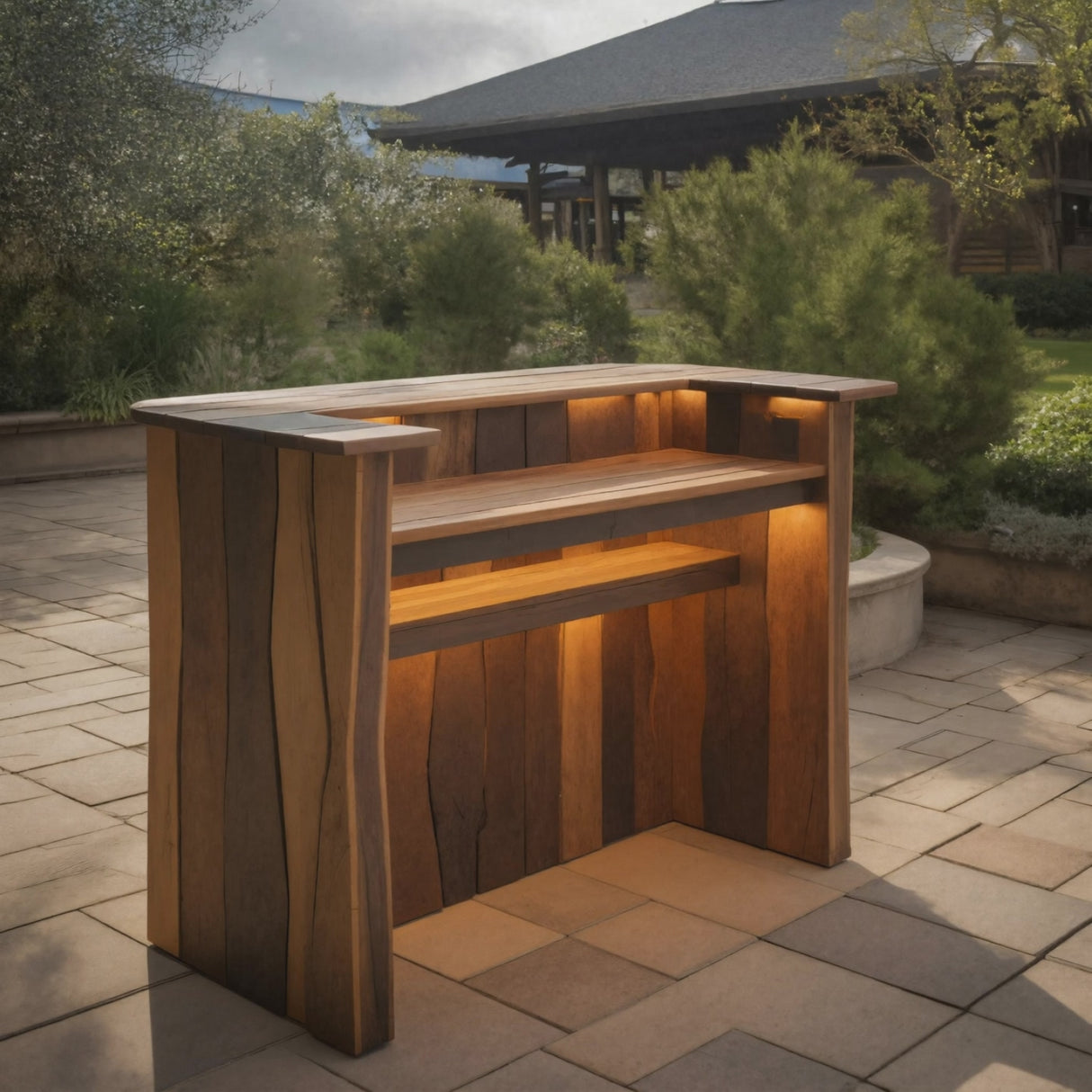 Rustic Live Edge Bar Counter With Lighting For Patio