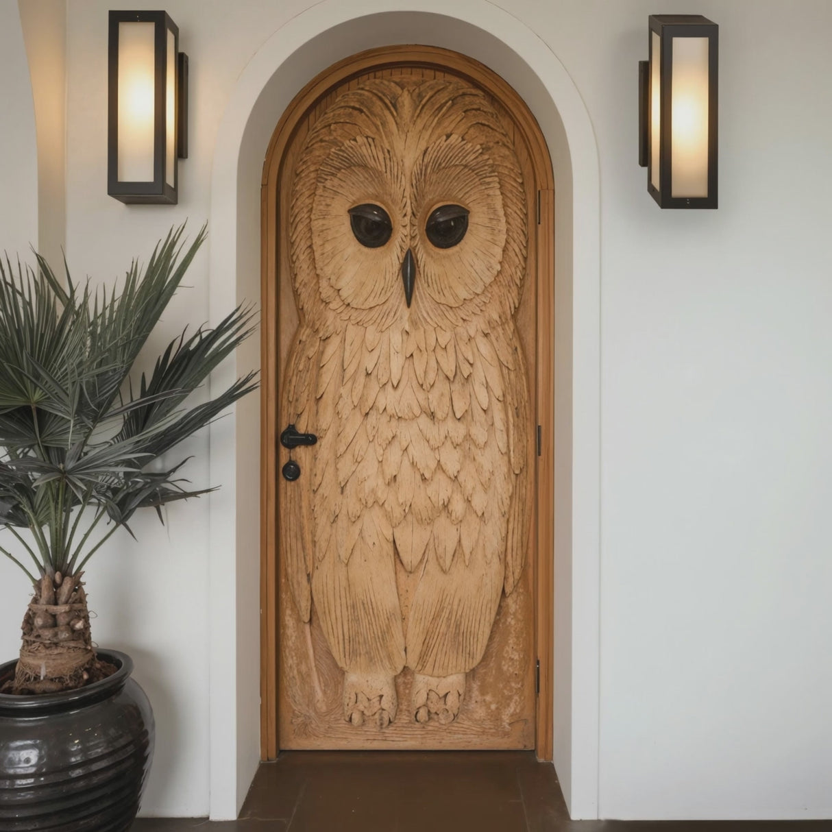 Whimsical Owl Carved Entry Door For Home Garden
