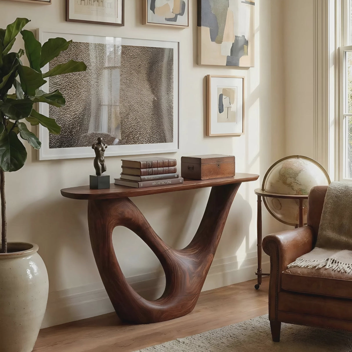 Mid Century Live Edge Console Table Sculptural Solid Wood For Living Room