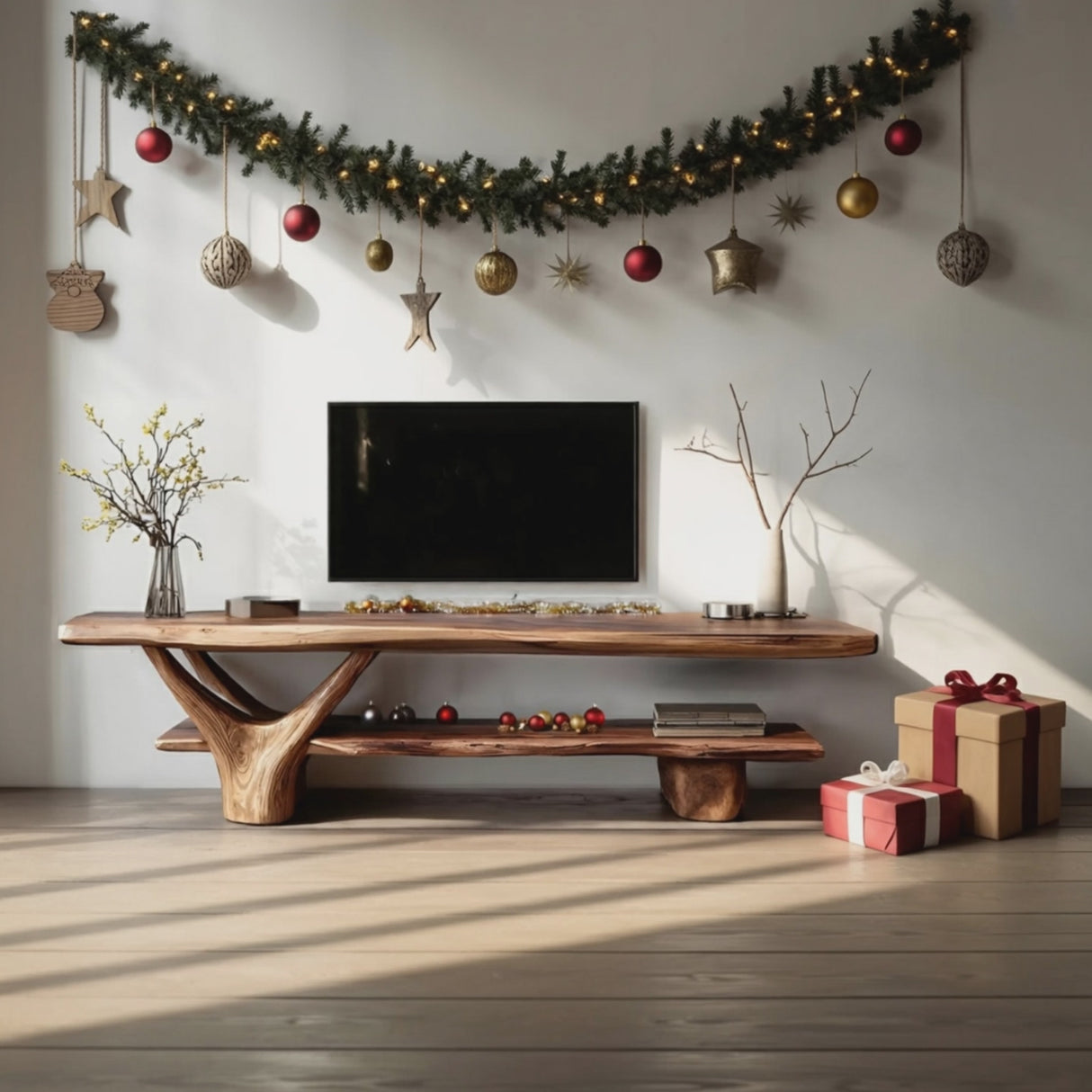 Handcrafted Wooden Live Edge TV Console For Holiday Entryway Design