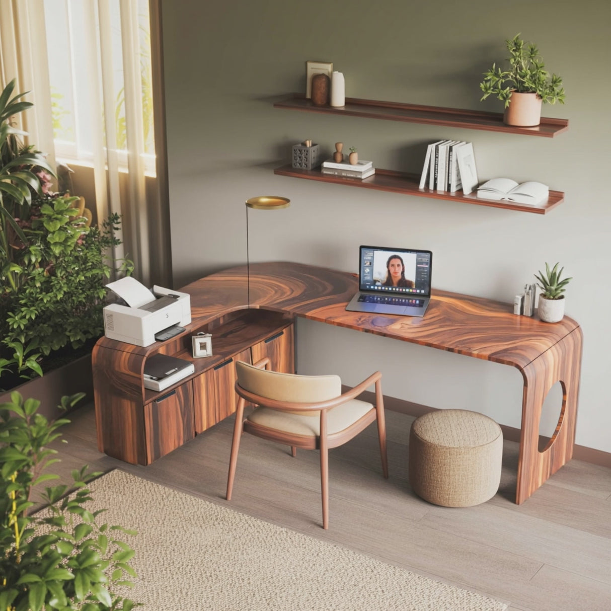 Modern L Shaped Wooden Desk With Rounded Corners For Executive Office