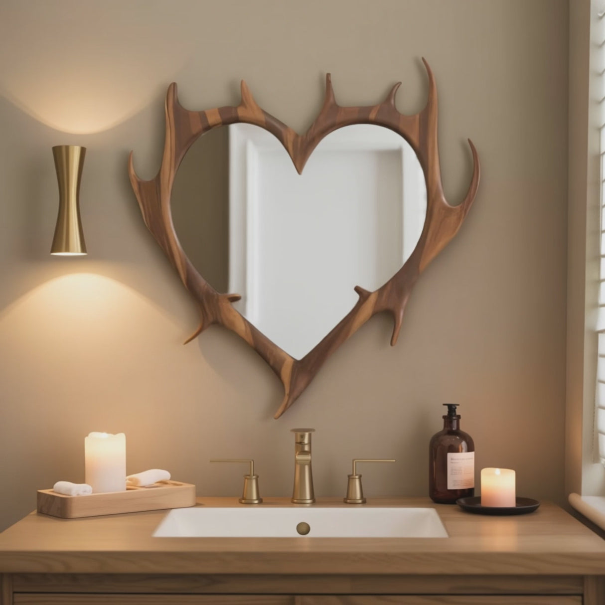 Rustic Antler Heart Wall Mirror For Bedroom And Entryway