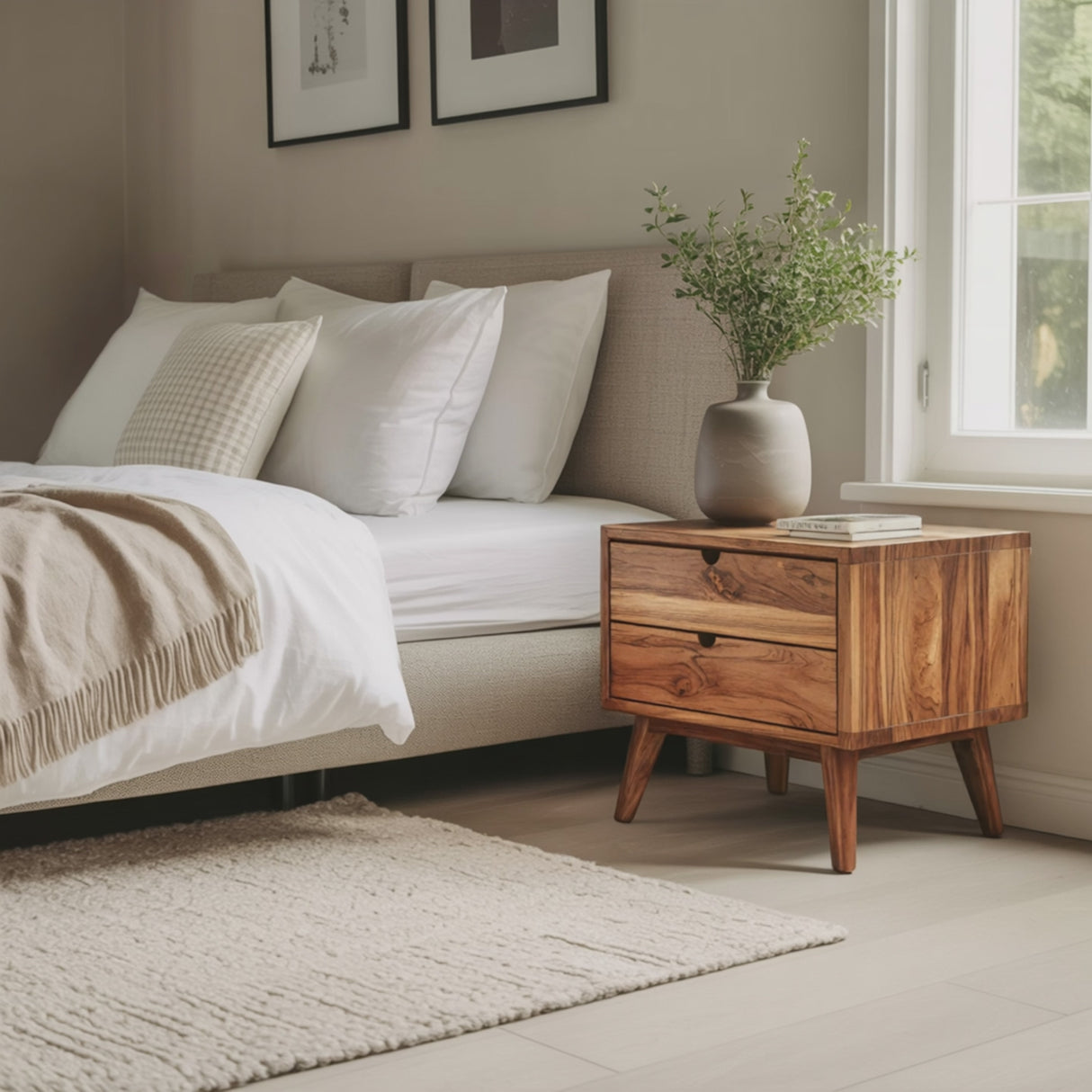 Mid Century Nightstand With Two Drawers For Bedroom