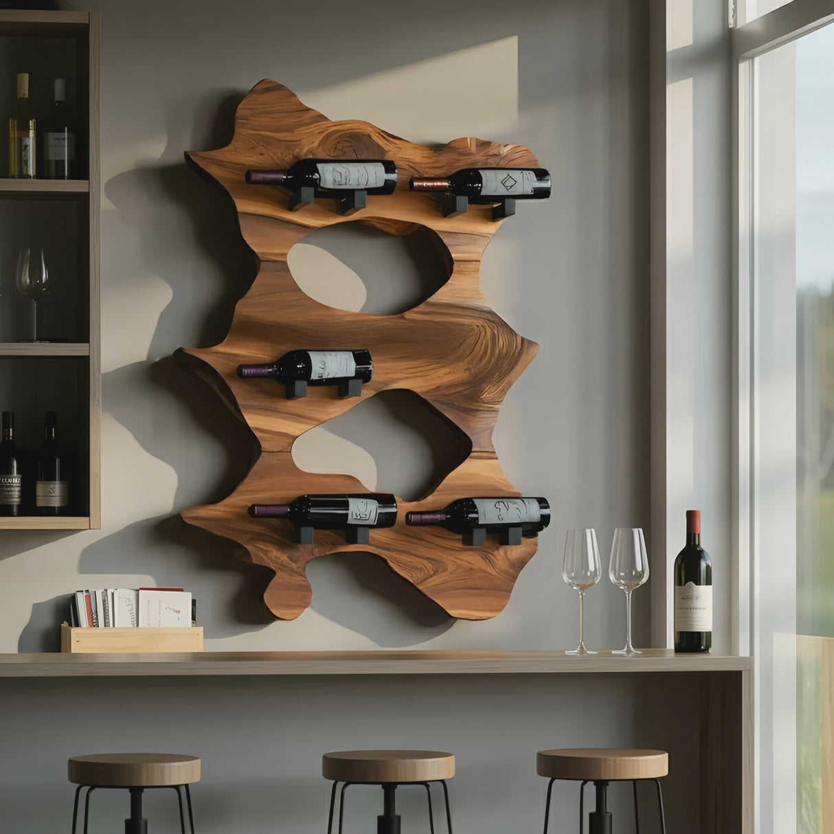 Rustic Solid Wood Live Edge Wine Rack For Entryway