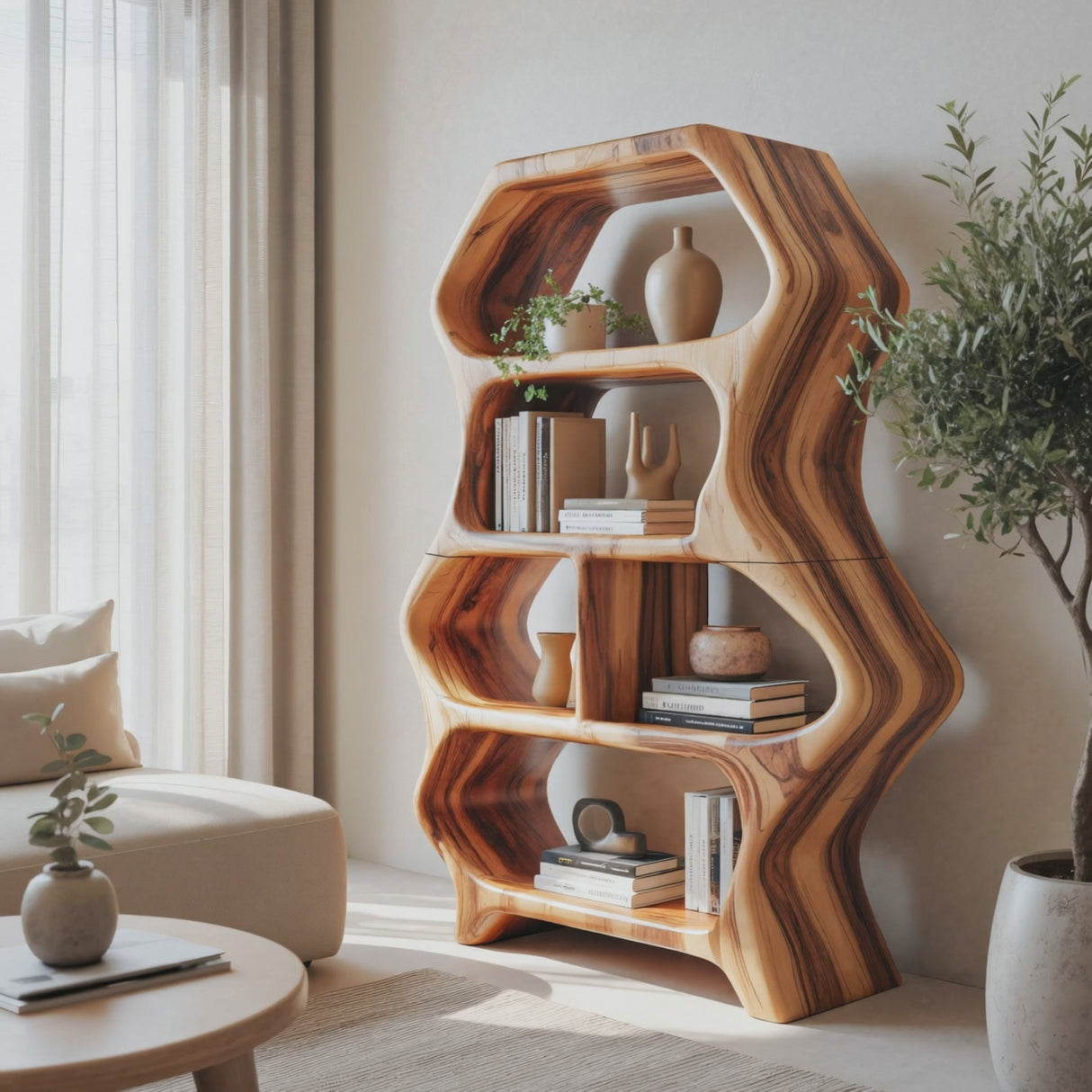 Sculptural Bookshelf With Organic Carved Display For Living Room And Office