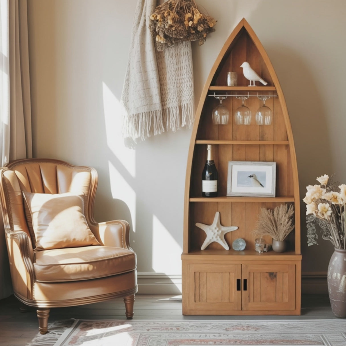 Boat Shaped Display Cabinet With Storage Drawers For Living Room And Entryway