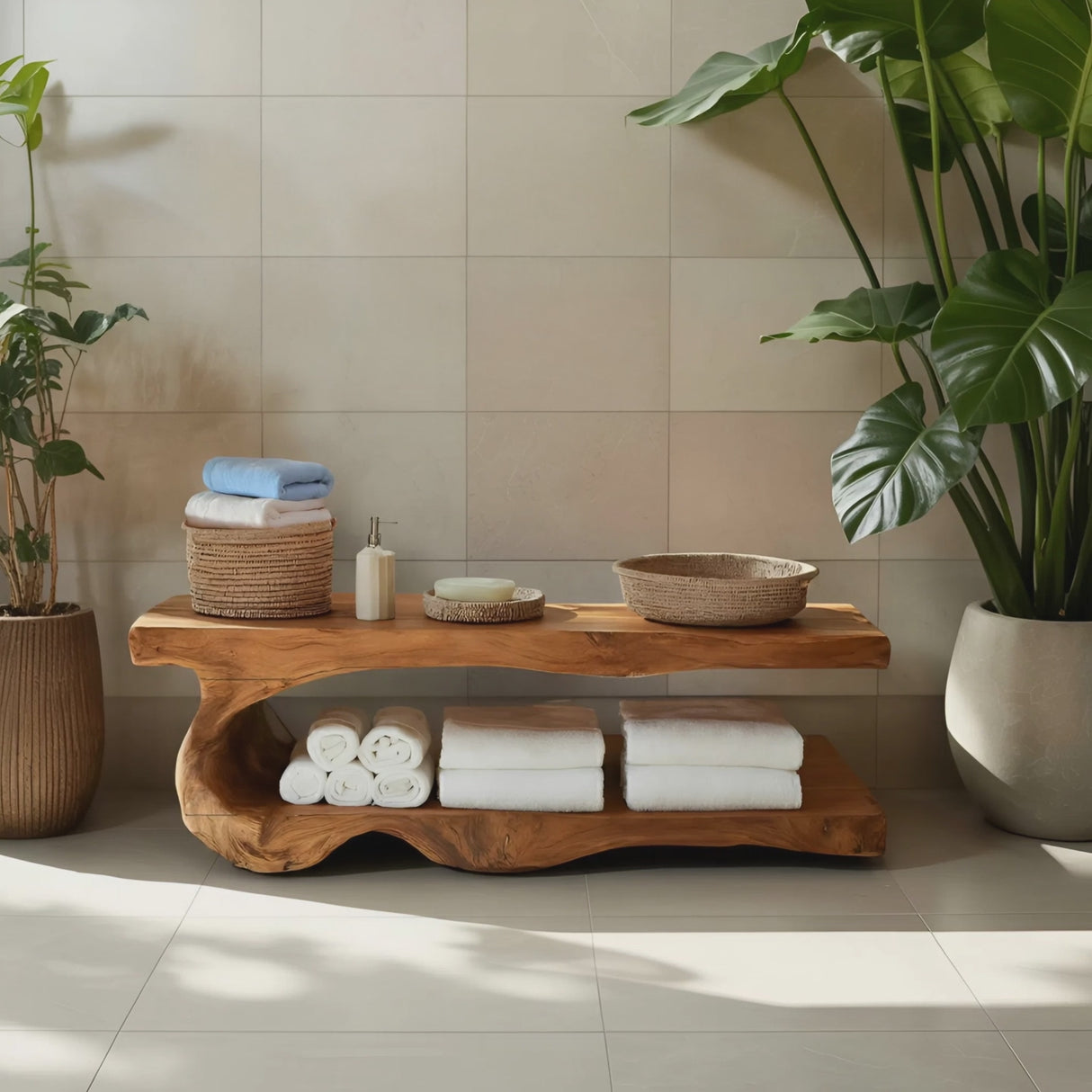 Organic Bath Bench With Storage Shelf For Bathroom