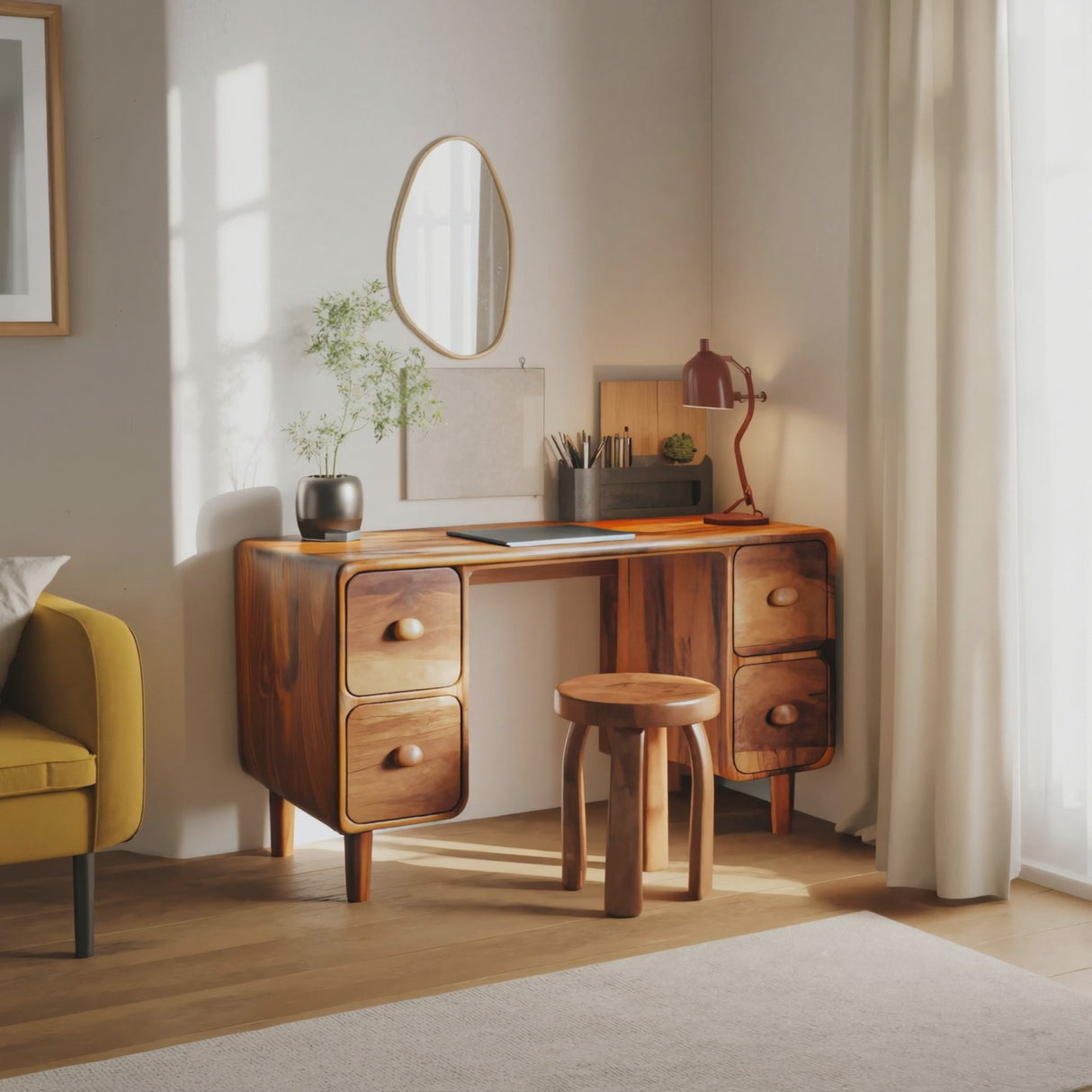 Modern Rounded Corner Desk With Drawers For Home Office Workspace