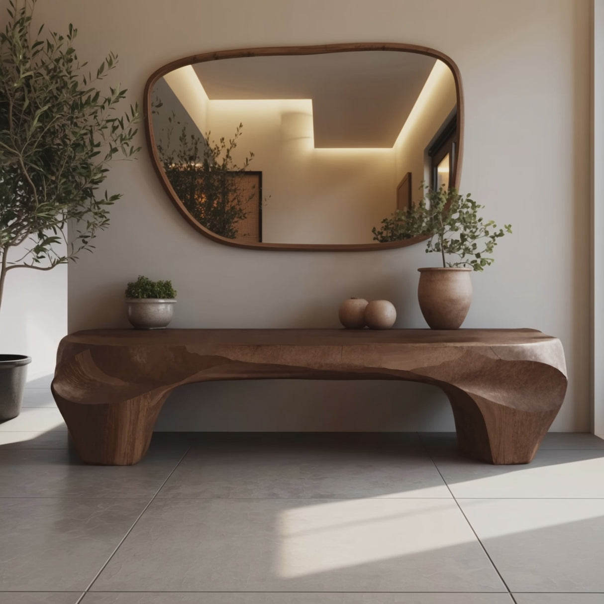 Modern Sculptural Bench And Wall Mirror For Entryway