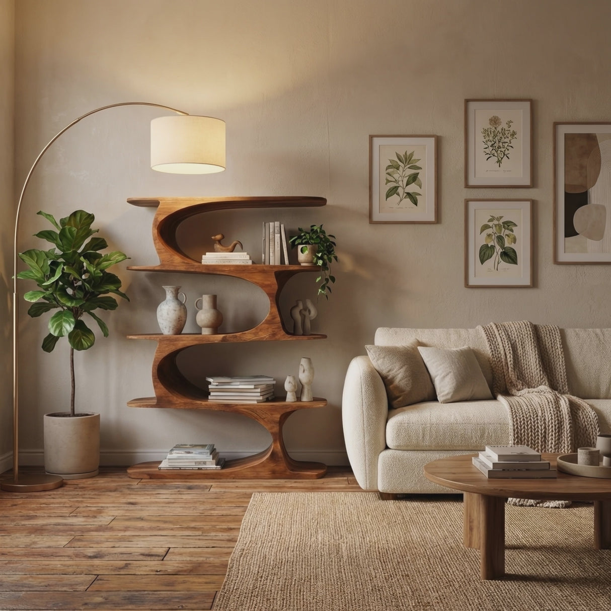 Artistic Curved Bookshelf For Living Room Accent