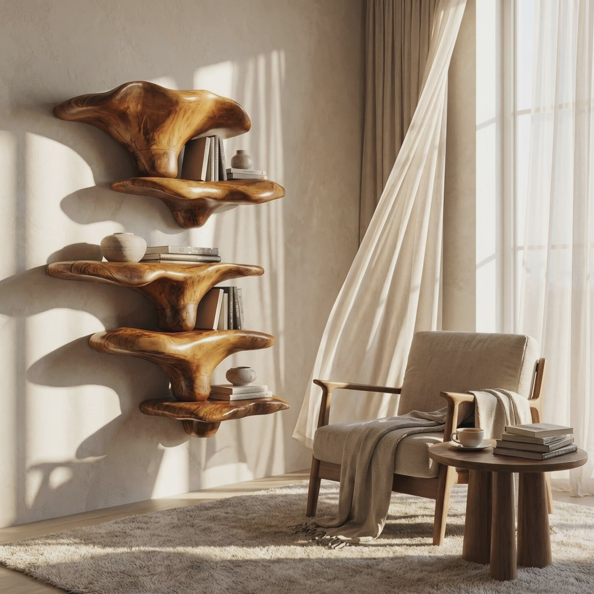 Mid Century Wooden Mushroom Shelf For Living Room Furniture Decor
