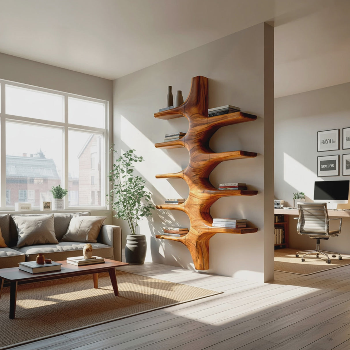 Sculptural Wood Wall Mounted Bookshelf For Modern Living Room