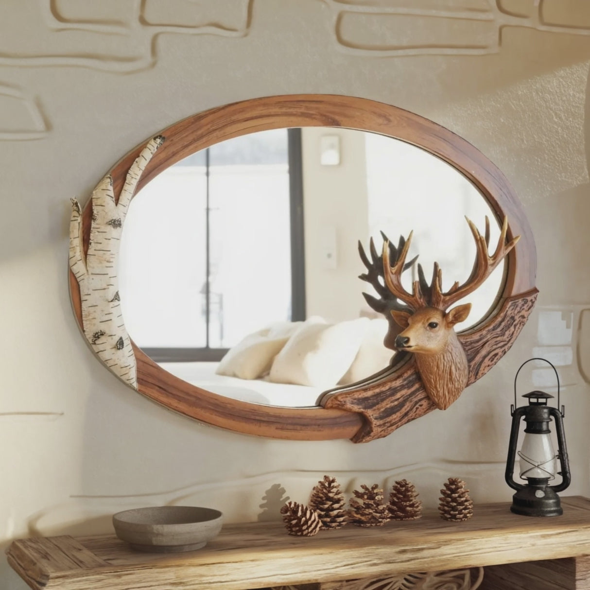 Rustic Oval Deer Mirror For Lodge Cabin Decor