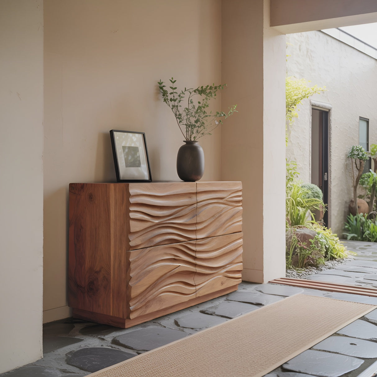 Handcrafted Sideboard Carved Wave Design For Living Decor