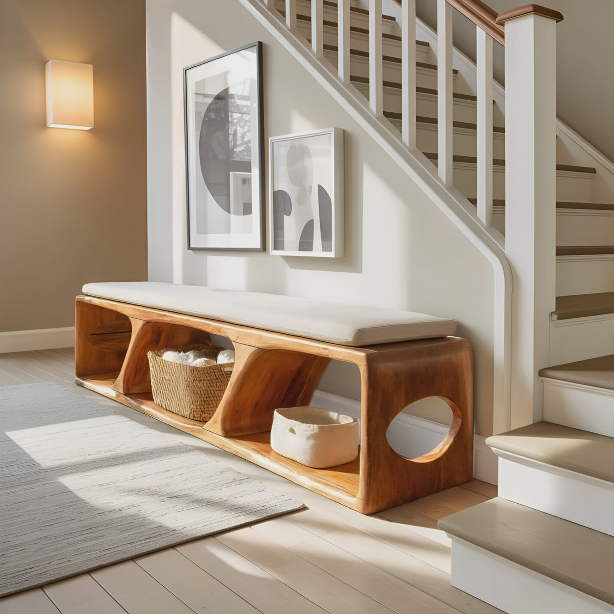 Mid Century Wood Bench For Warm Interior Spaces