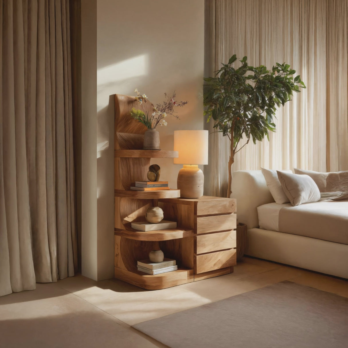 Modern Nightstand With Shelves And Drawers For Bedroom