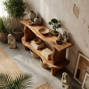Mid Century Wooden Live Edge Standing Shelf For Living Room Storage Decor