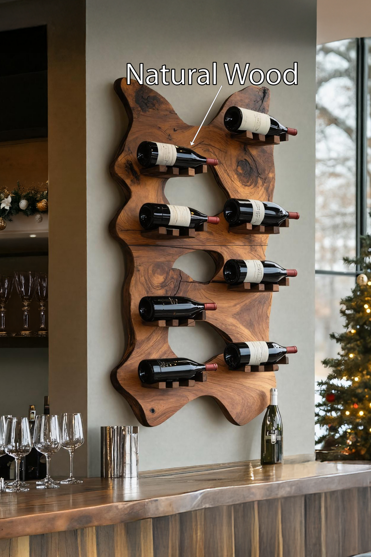 Mid Century Wooden Live Edge Wine Holder For Living Room Decor