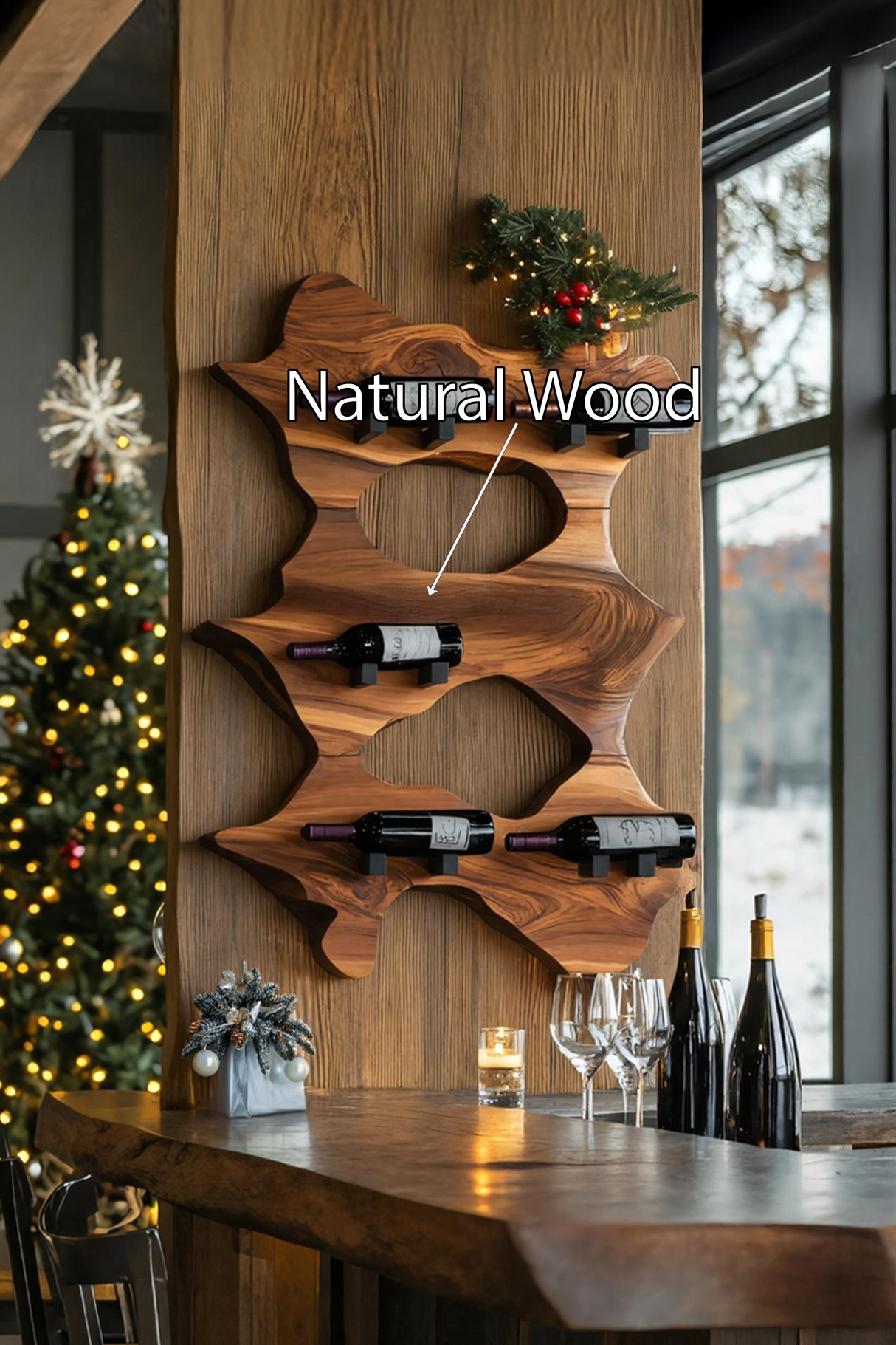 Rustic Solid Wood Live Edge Wine Rack For Entryway