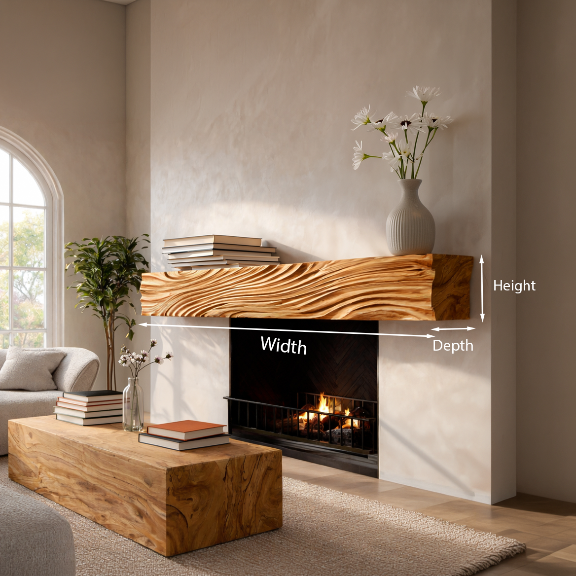 Rustic Fireplace Shelf With Wave Carved For Cozy Living Room