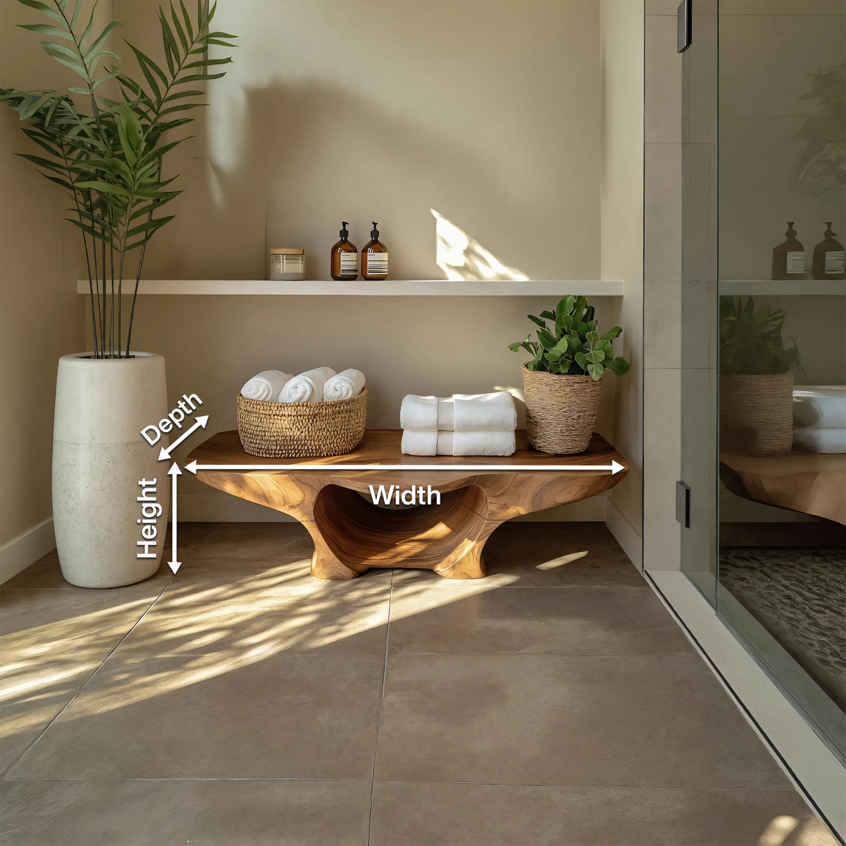 Organic Shower Bench With Curves And Storage Space For Bathroom