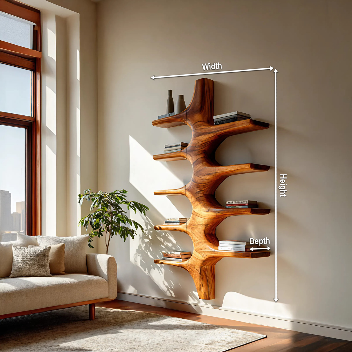 Sculptural Wood Wall Mounted Bookshelf For Modern Living Room
