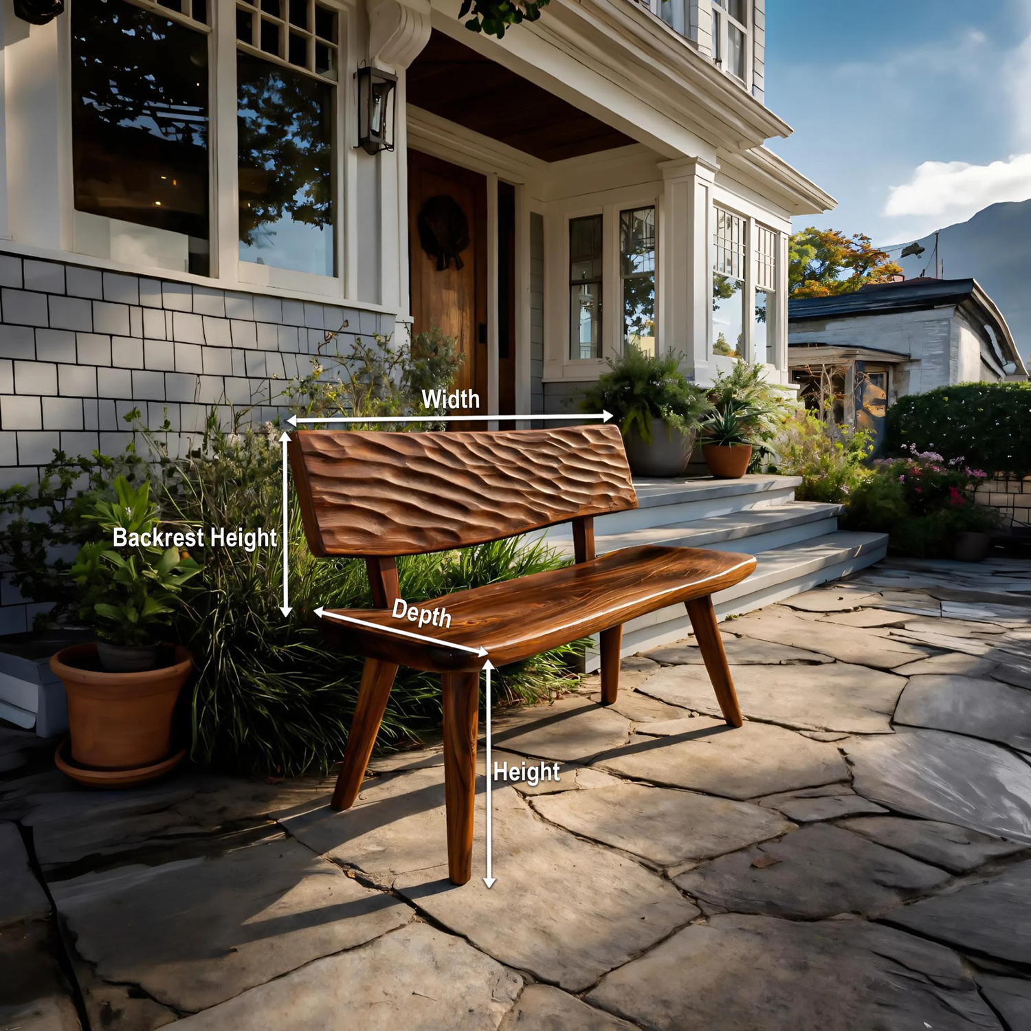 Modern Outdoor Wood Bench With Carved Backrest For Patio