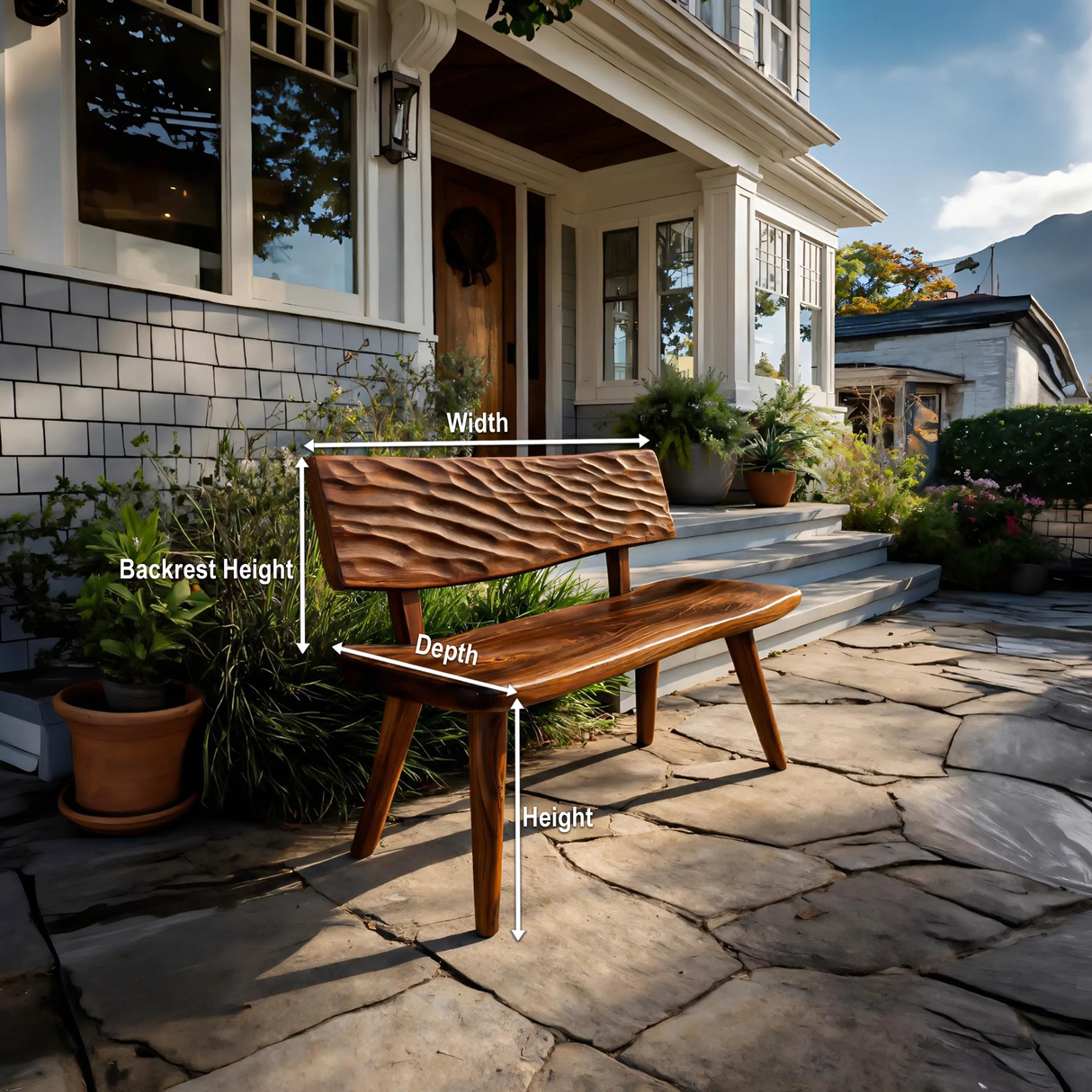 Modern Outdoor Wood Bench With Carved Backrest For Patio