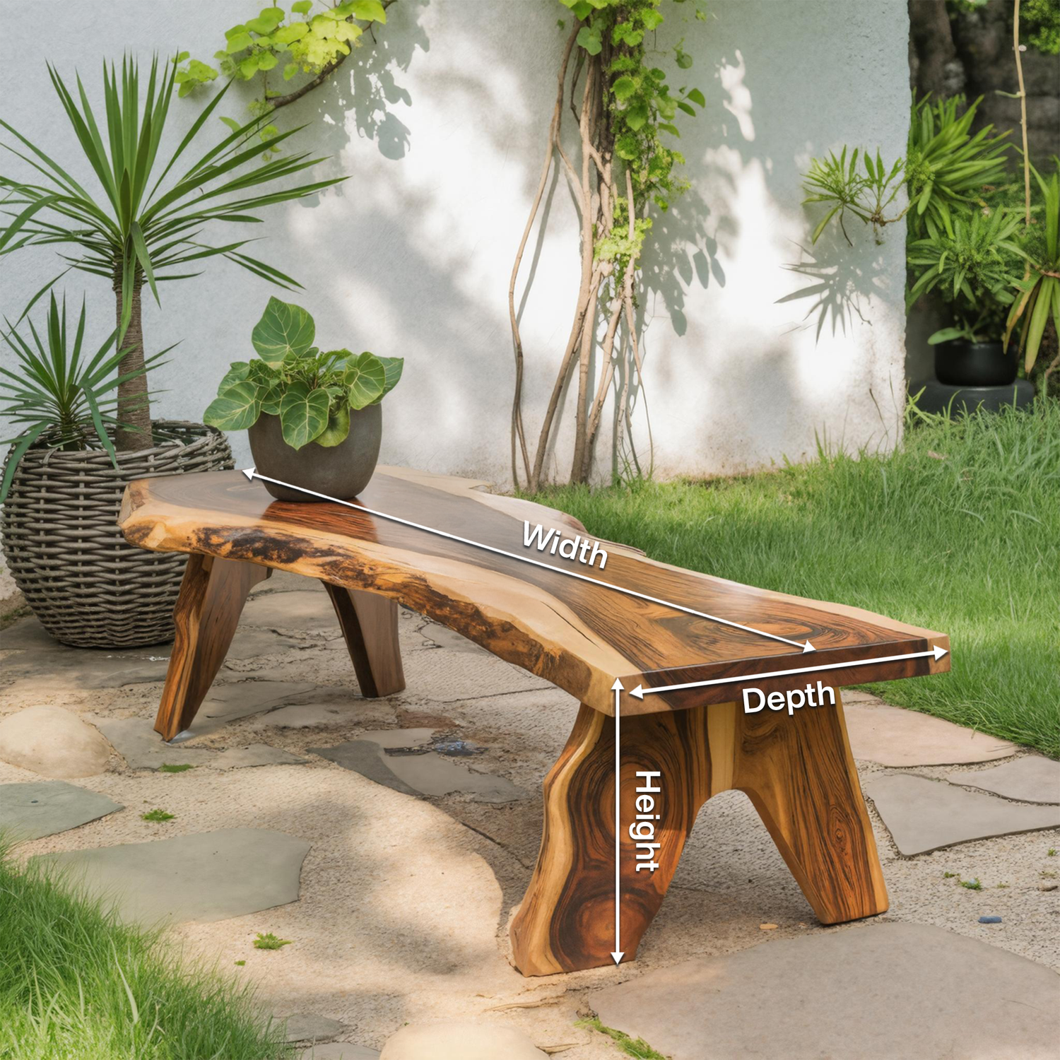 Rustic Live Edge Wooden Bench For Patio Or Garden