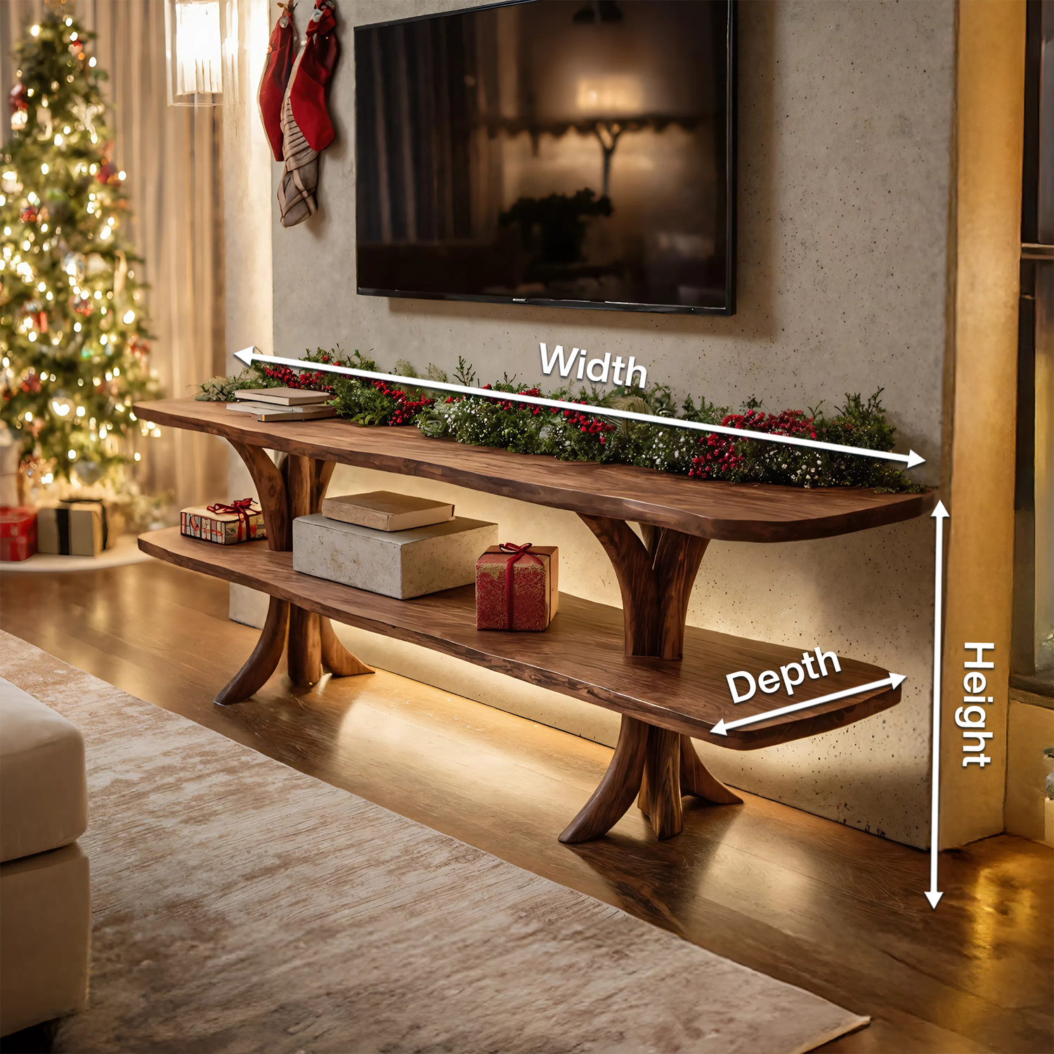 Mid Century Wooden Live Edge TV Console For Christmas Living Room Decor