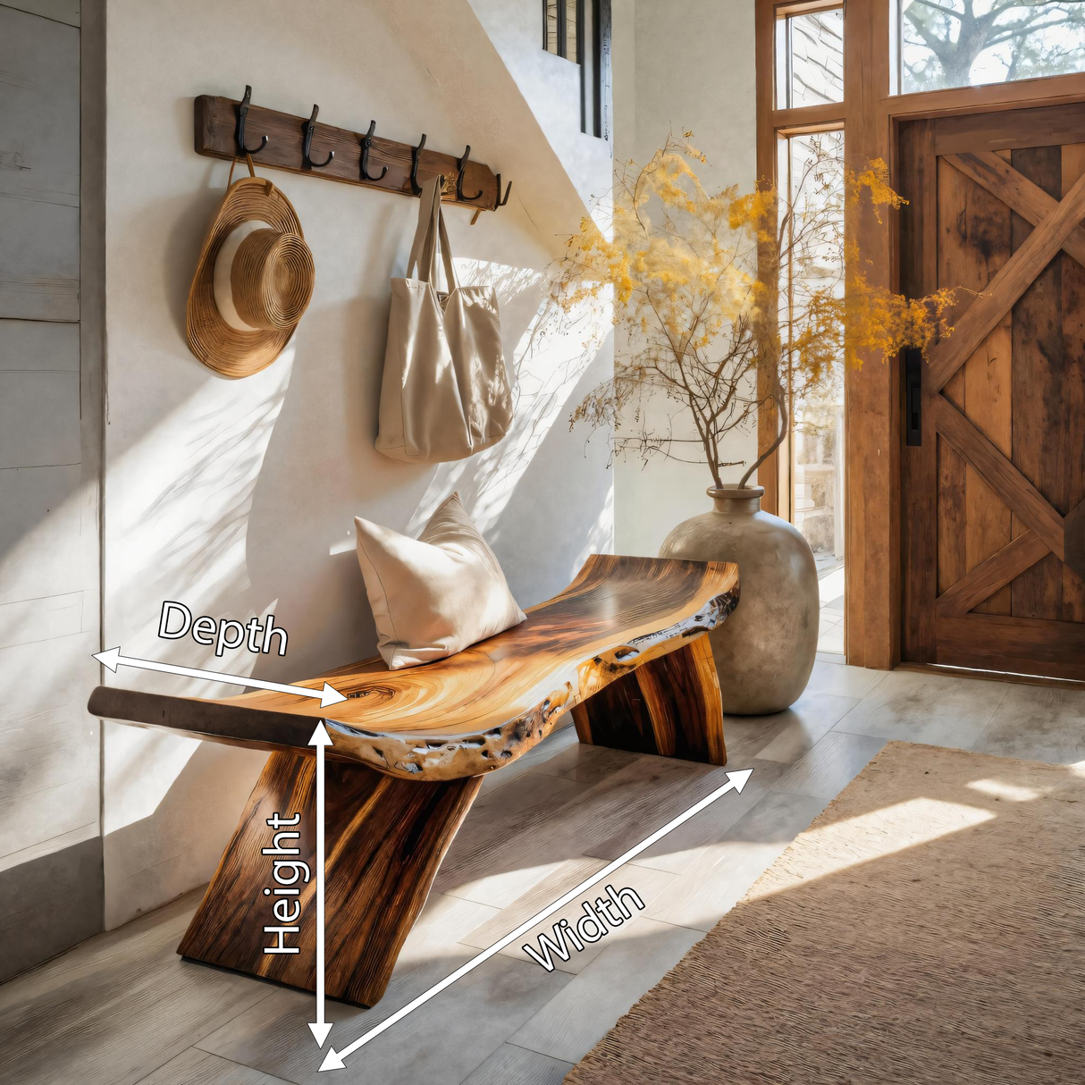 Rustic Live Edge Bench With Organic Curves For Entryway