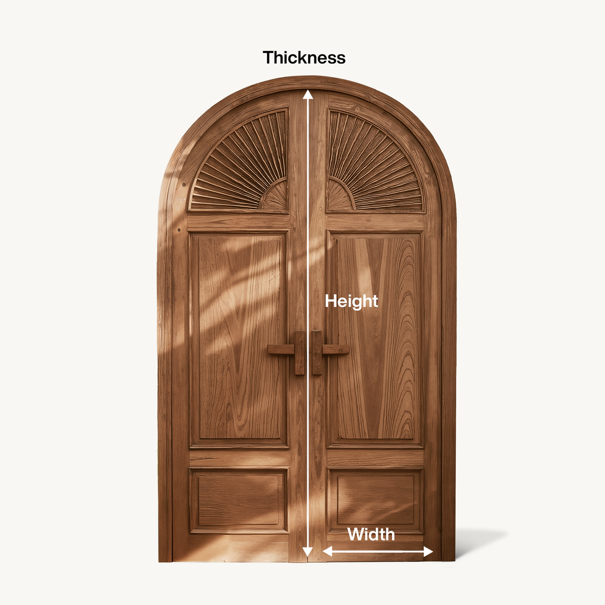 Mediterranean Arched Entry Door With Carved Sunburst For Garden And Villa