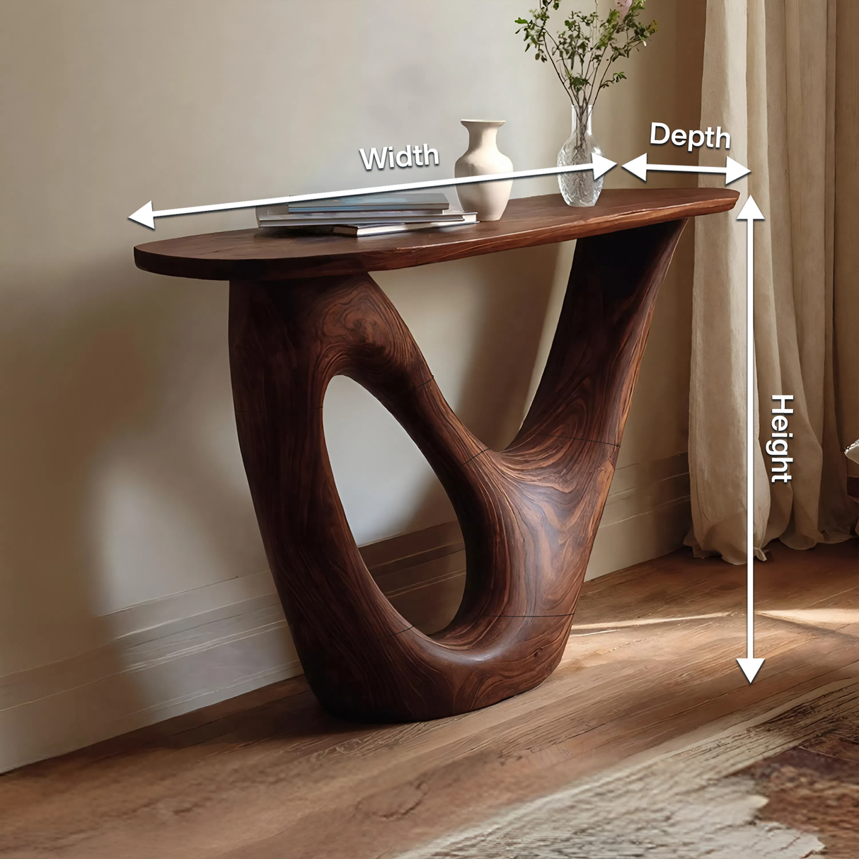 Mid Century Live Edge Console Table Sculptural Solid Wood For Living Room