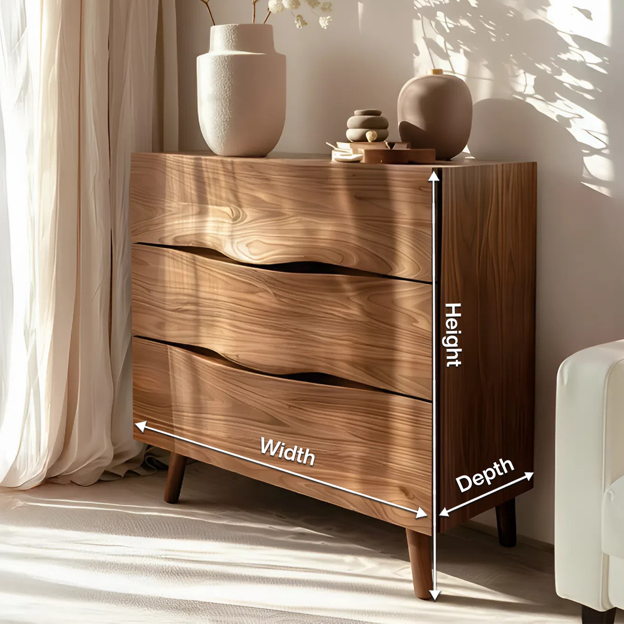 Modern Wooden Cabinet With Curved Handles For Bedroom Storage