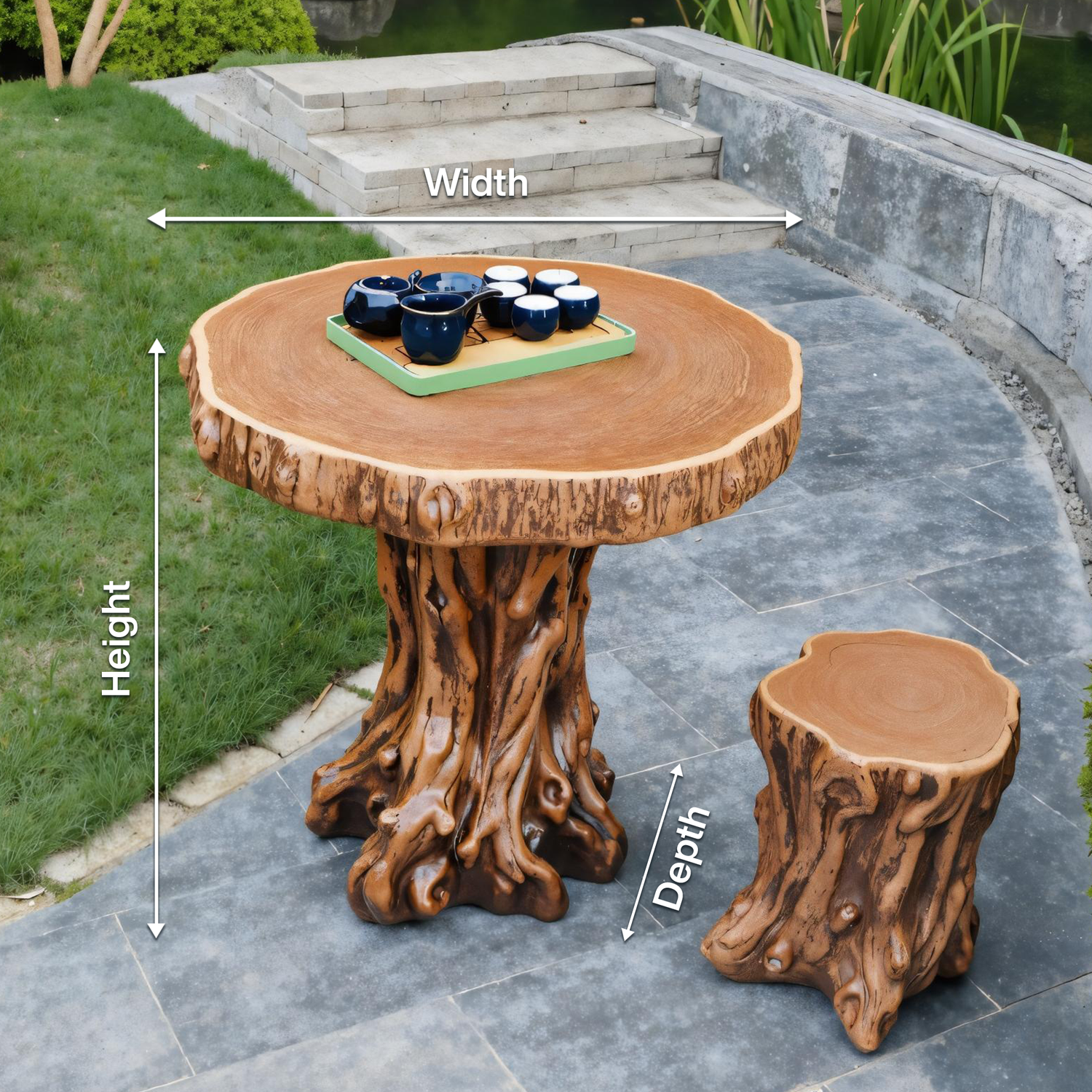 Rustic Tree Trunk Outdoor Table And Stump Seat For Garden And Patio