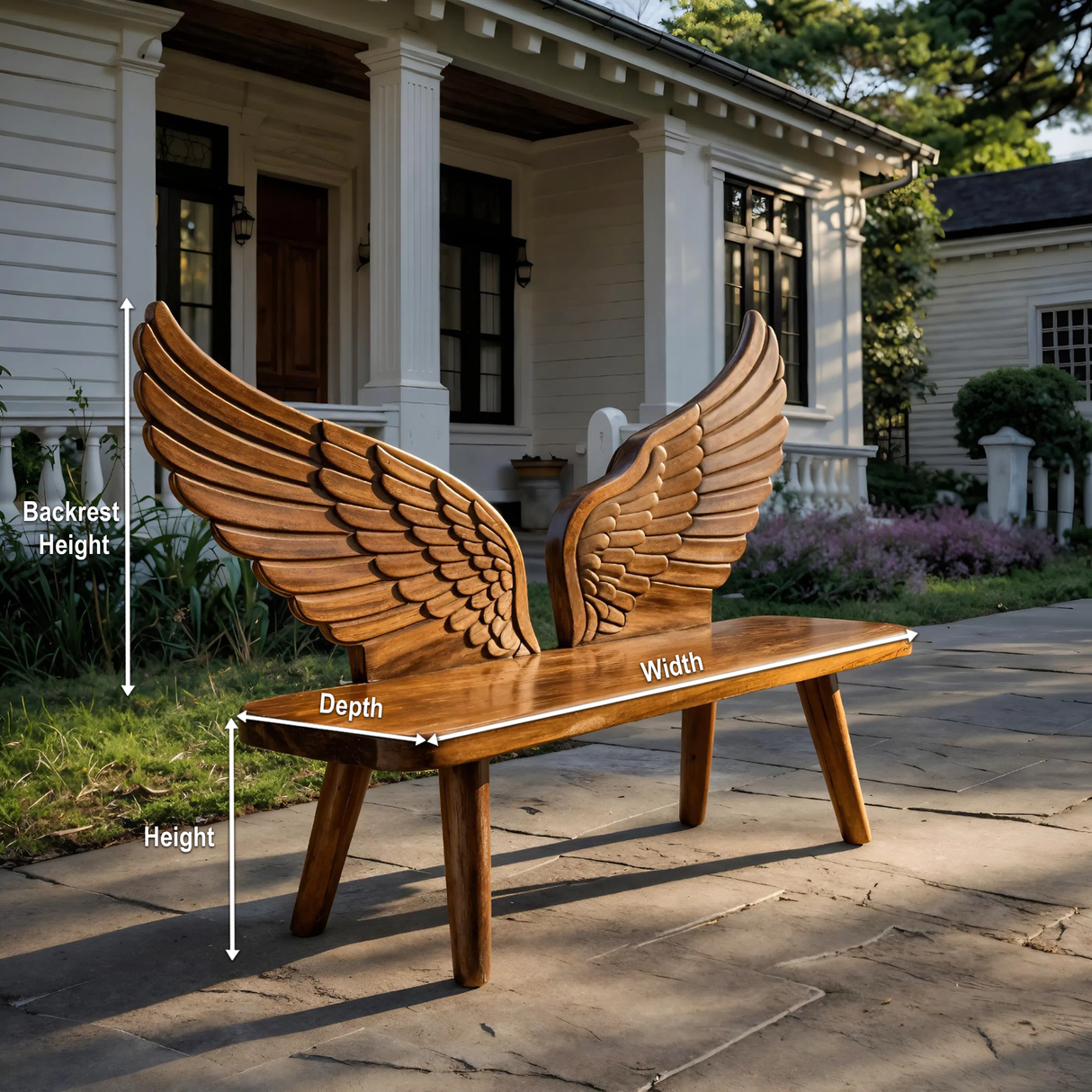Modern Wood Bench With Wing Backrest For Exterior Seating