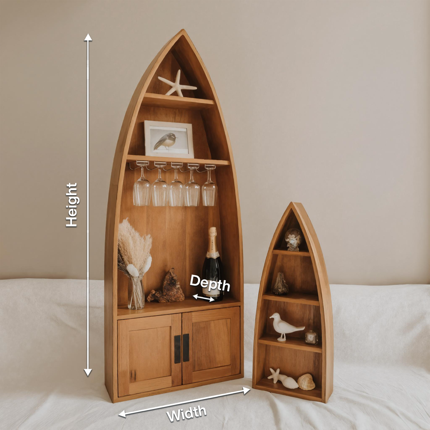 Coastal Boat Shaped Shelf With Glass Rack For Beach House And Living Room