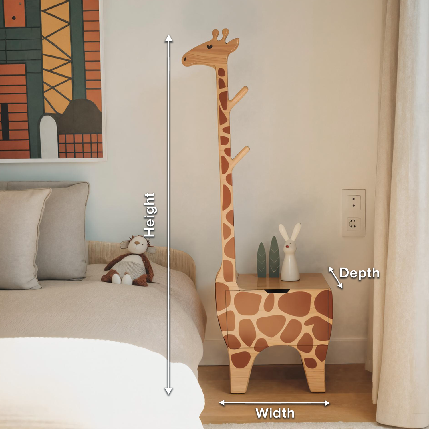 Adorable Giraffe Nightstand With Hooks And Drawer For Kids Room And Nursery
