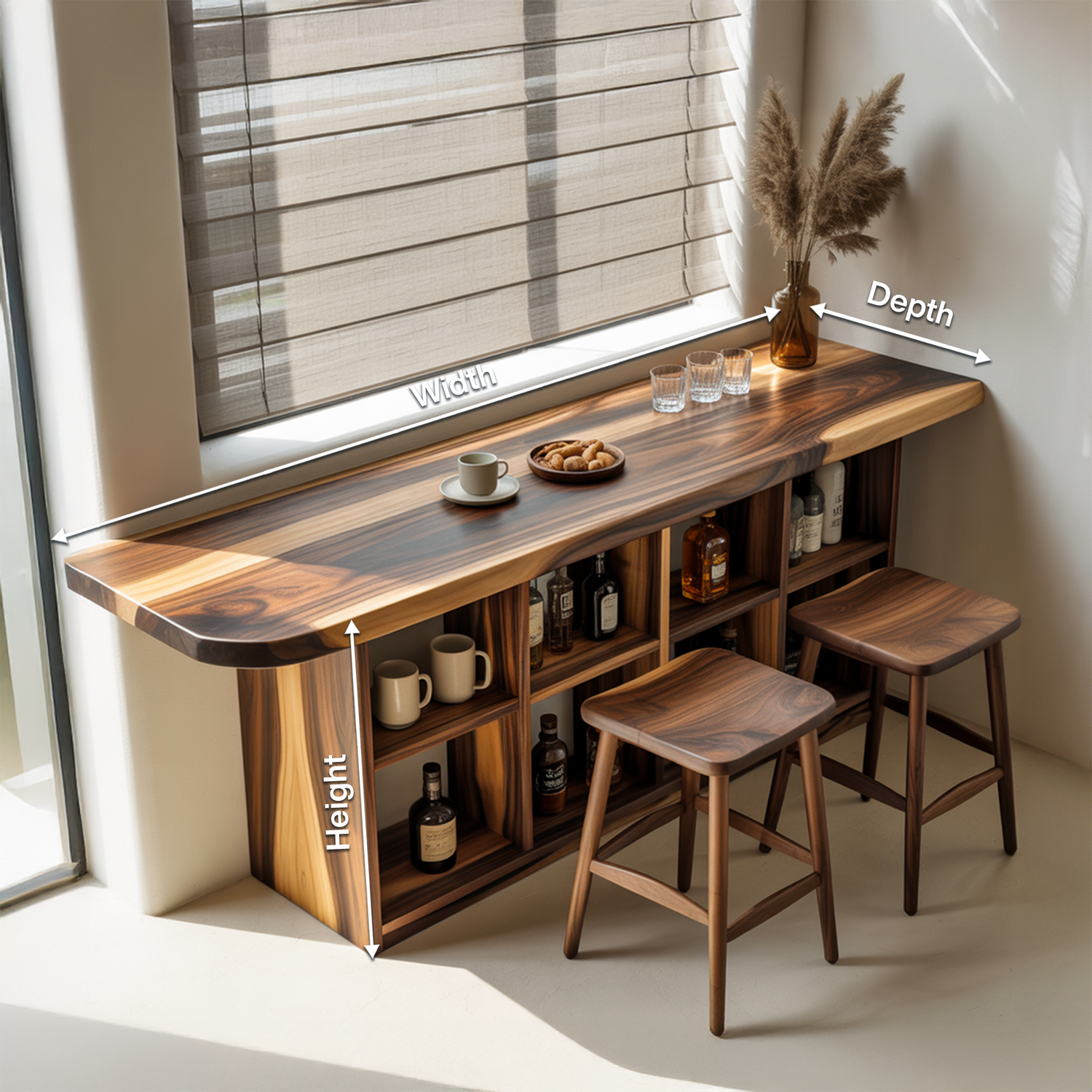Curved Wood Bar Table With Storage For Kitchen Or Dining Area