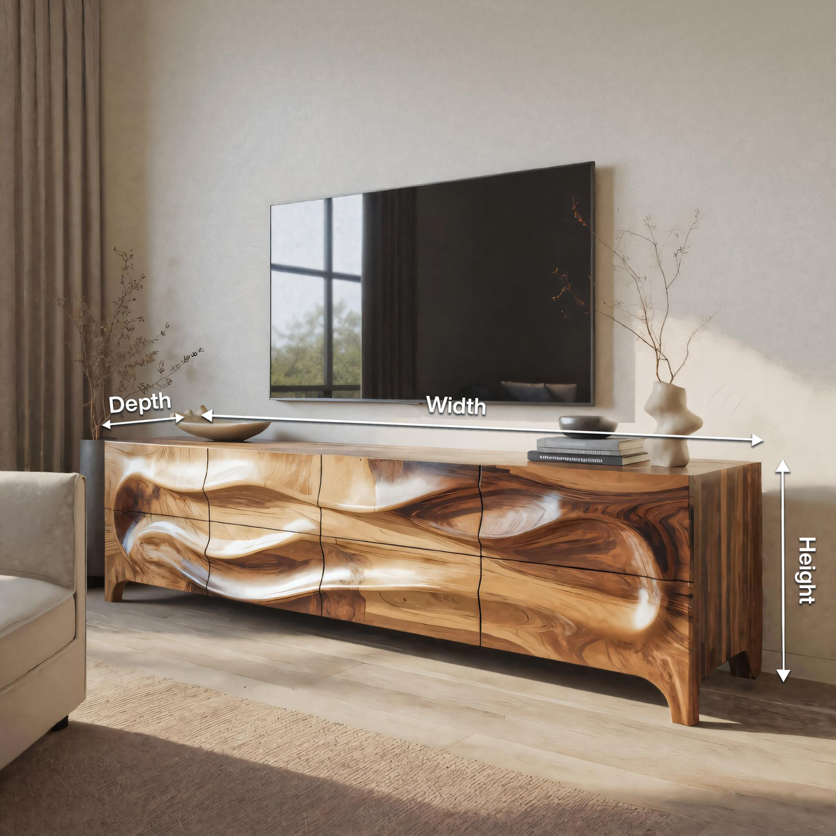 Sculpted Wave TV Cabinet With Carved Front For Living Room And Entertainment Center