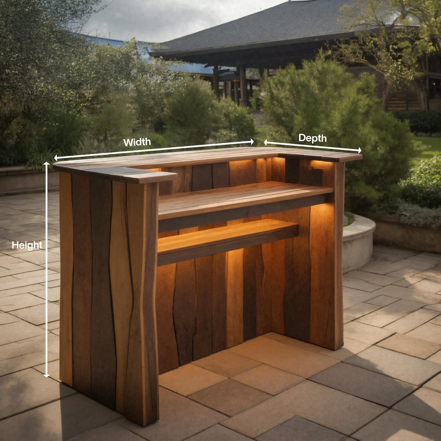 Rustic Live Edge Bar Counter With Lighting For Patio