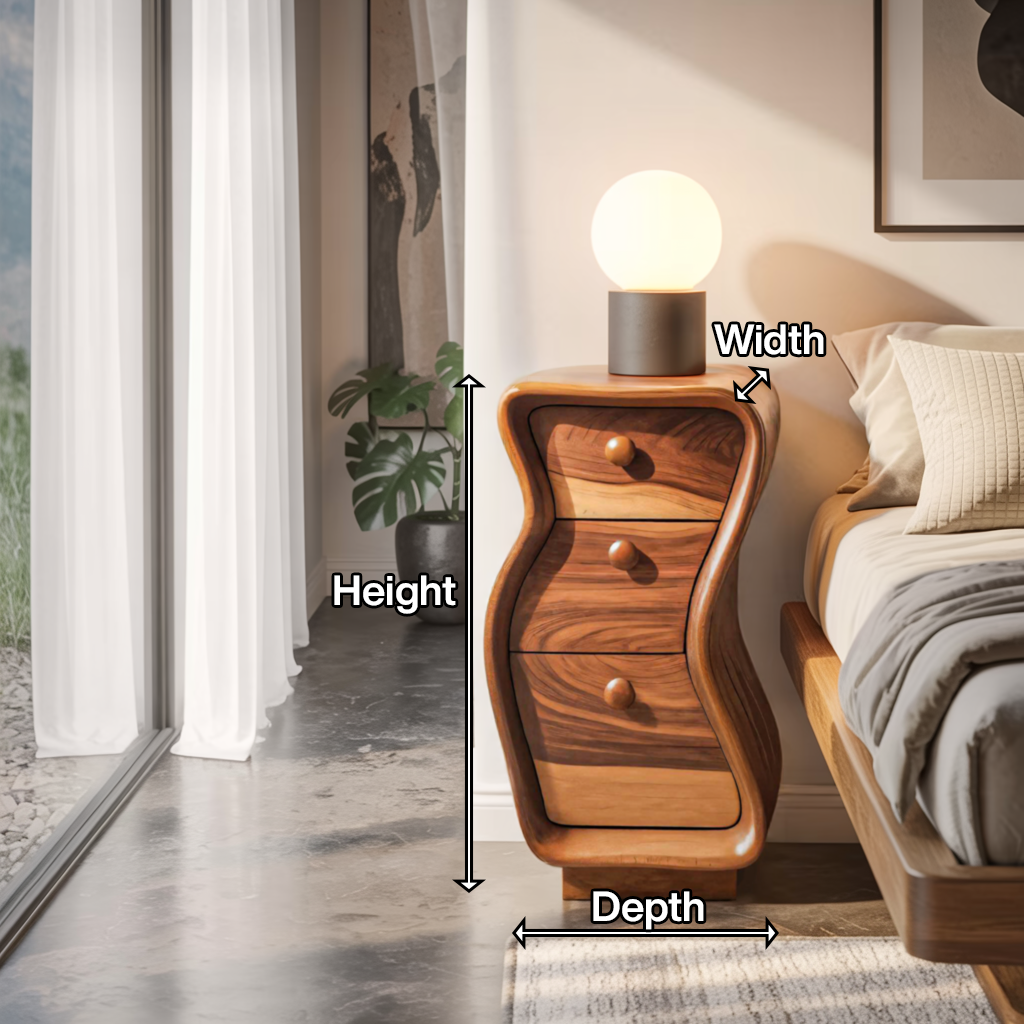 Wavy Sculpted Nightstand With Drawers For Bedroom And Contemporary Interior