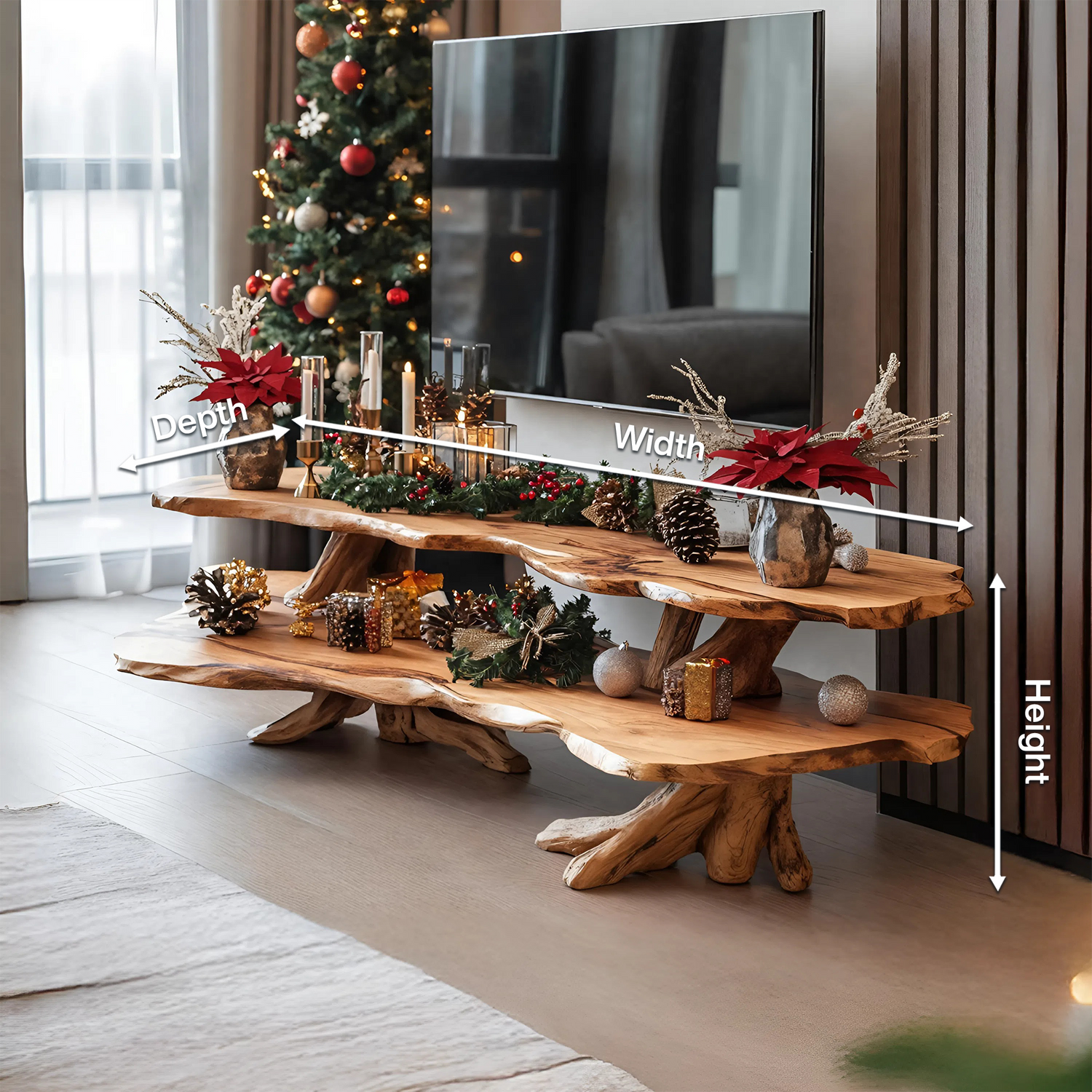 Mid Century Wooden Live Edge TV Console For Holiday Bedroom Christmas